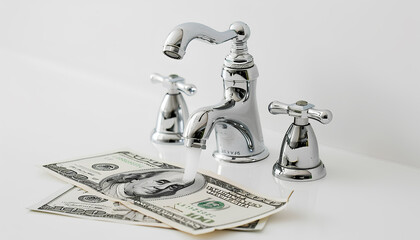 Faucet and dollar banknotes on white background