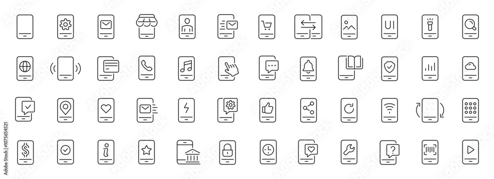 Fototapete smartphone functions thin line icons set. mobile phone technology. editable stroke. vector