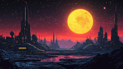 Naklejka premium Sci-fi city skyline with towering structures, glowing lights, and a massive moon at dusk