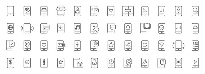 Smartphone functions thin line icons set. Mobile phone technology. Editable stroke. Vector
