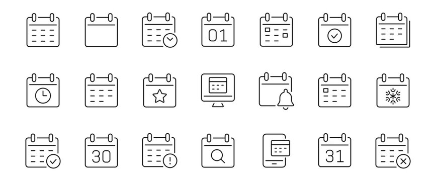 Calendar thin line icons set. Schedule, reminder symbol. Editable stroke. Vector