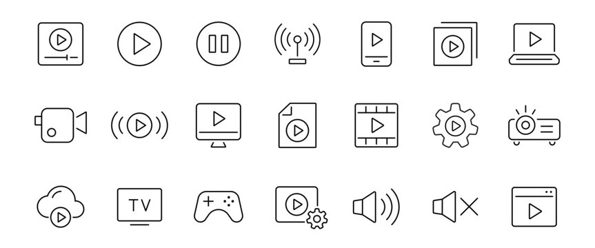Video thin line icons set. Camera, player, live, production, game symbol. Vector