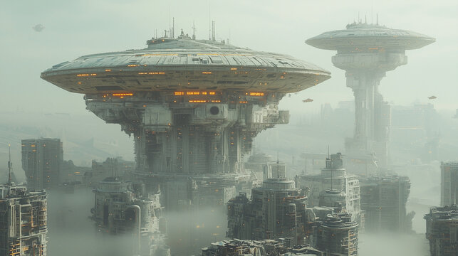 A futuristic city with colossal, circular structures hovering above dense fog, creating a sci-fi atmosphere - Powered by Adobe
