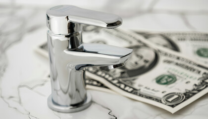 Faucet and dollar banknotes on white background