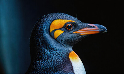 A close-up of a king penguin's head against a dark background