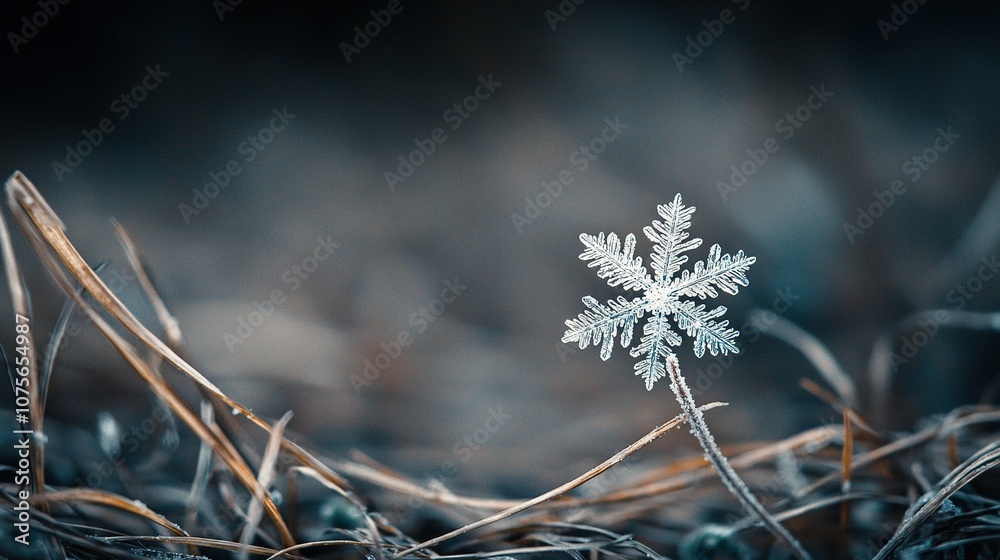 Wall mural a close-up of a snowflake amidst a field of grass with a blurry background