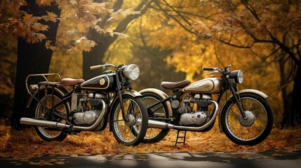 Obraz premium A photo of a racing bicycle and motorcycle in an autumn landscape. , High Quality Details , 8k full ultra HD --ar 16:9 --v 5.2 Job ID: 96905132-d138-4df5-91b5-789af9538416