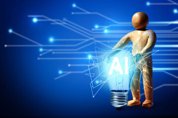 Human figure holding light bulb with Ai abbreviation i against blue background with electronic circuit board pattern. Space for text