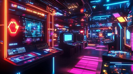 Obraz premium Neon lit arcade room featuring vibrant digital displays lights picture
