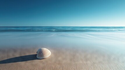 Obraz premium A seashell on the sand, with a blue sky and water in the foreground