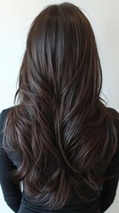   A woman with long, dark brown hair, her back facing a white wall