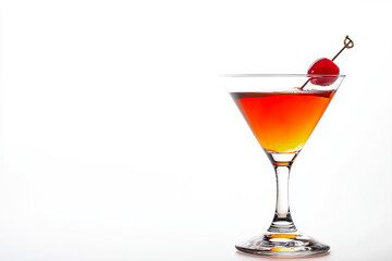 Glass of Manhattan alcoholic cocktail with whiskey, vermouth and bitters on white background. Aperitif. Copy space.