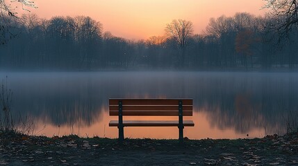 Obraz premium A bench by water with trees and a foggy sky in the backdrop