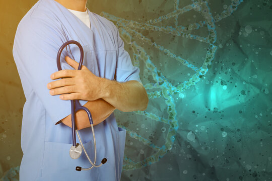 Doctor with stethoscope and illustration of DNA on color background - Powered by Adobe