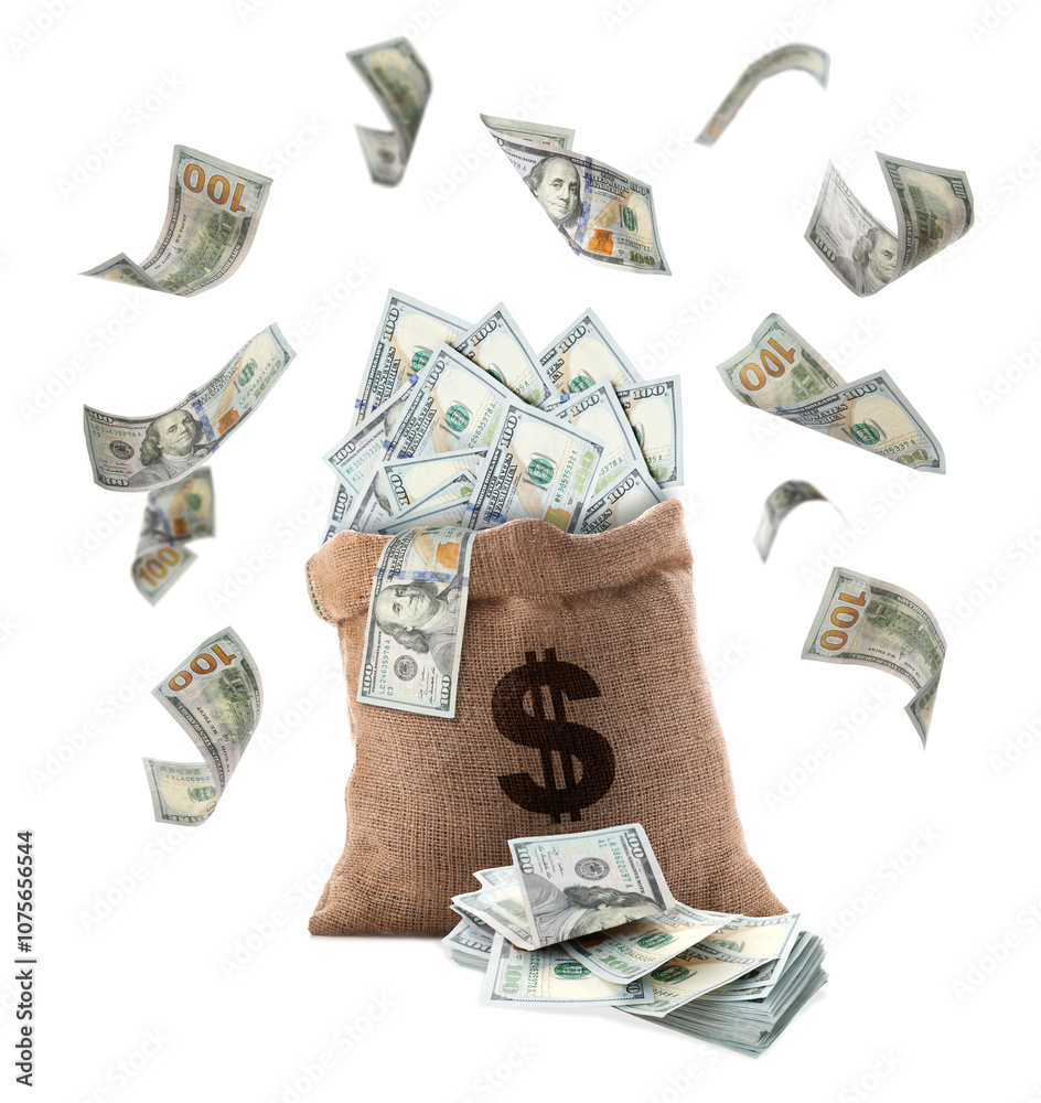 Wall mural Dollar bills flying around burlap sack with currency symbol on white background