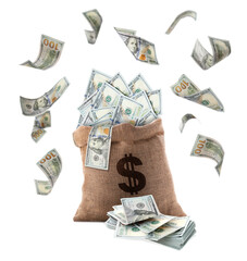 Dollar bills flying around burlap sack with currency symbol on white background