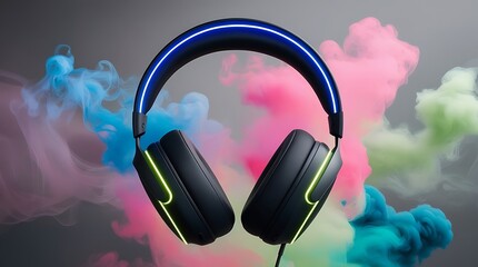 Foggy neon colored stereo headphones blank mockup.Night party ready .exploding in festive colorful...