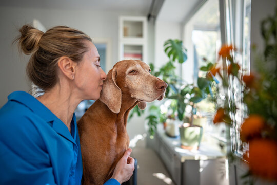Tired woman cuddles with happy cute dog at home. Exhausted female take break from work and daily tasks, enjoying time with pet, nurturing bond and relieving stress from day together, emotional support