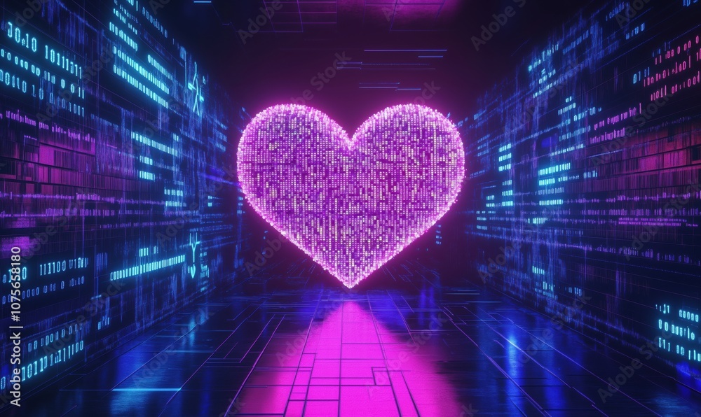 Poster digital heart shape glowing in neon lights, surrounded by binary code