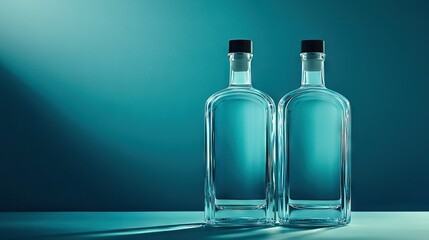   A pair of bottles sit on a blue tablecloth with one bottle resting on top of the other