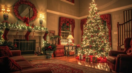 Fototapeta premium Decorate your living room with a Christmas tree, wreath, and garland. Christmas festival concept