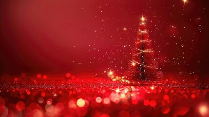Christmas background with a Christmas tree and sparkling bokeh lights on a red canvas background. merry christmas card winter holiday theme Happy New Year, Christmas festival concept