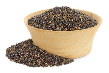 black quinoa in wooden bowl isolated on white background