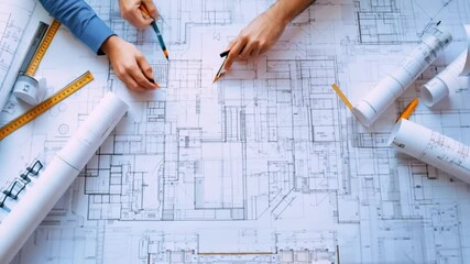 architects collaborating over blueprint in a meeting, teamwork and planning concept