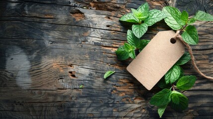 Fresh mint on rustic table with tag, Christmas concept.