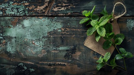 Fresh mint on rustic table with tag, Christmas concept.