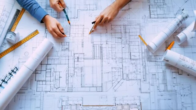 architects collaborating over blueprint in a meeting, teamwork and planning concept