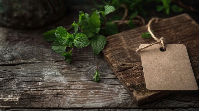 Fresh mint on rustic table with tag, Christmas concept.