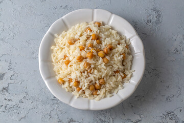 Turkish Rice with chickpea served, Turkish name; Nohutlu pilav or pilaf