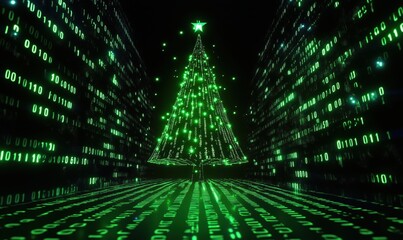 Digital Christmas tree with binary code background, glowing green lights