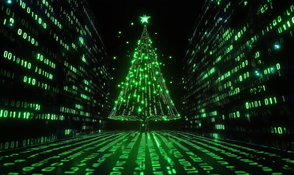 Digital Christmas tree with binary code background, glowing green lights