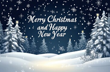 A beautiful christmas greeting card with text "Merry Christmas and Happy New Year" on the snow forest background white font color, dark blue background Generative AI