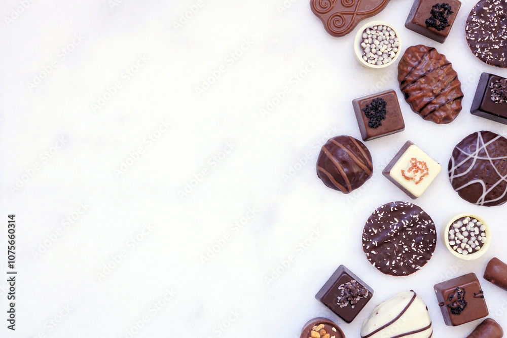 Poster chocolate side border with an assortment of fine, luxurious sweets. top view on a white marble backg