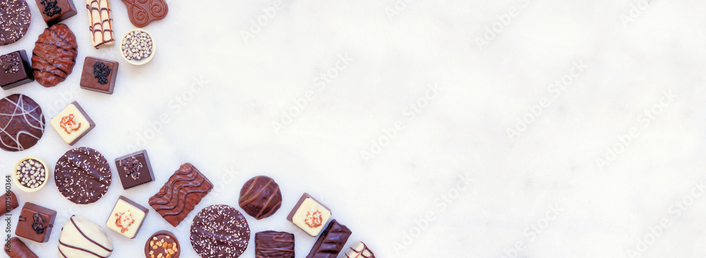 Poster chocolate corner border with an assortment of fine, luxurious sweets. top view on a white marble ban