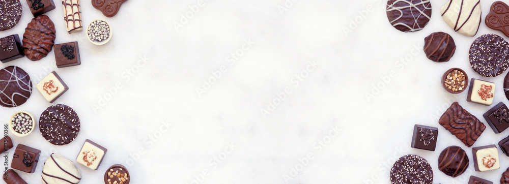 Poster Chocolate double border with an assortment of fine, luxurious sweets. Top view on a white marble banner background with copy space.