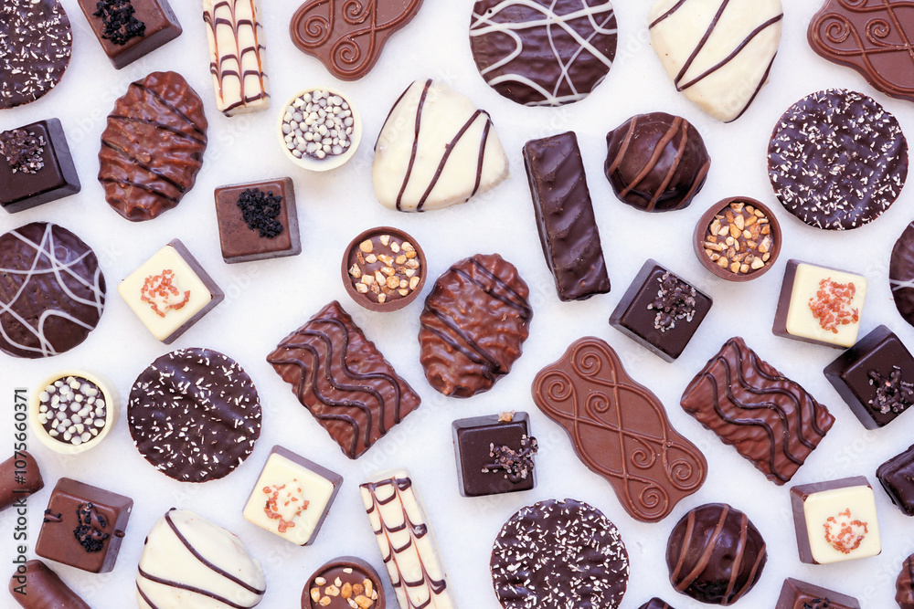 Poster chocolate background with an assortment of fine, luxurious sweets. top view on a white marble backgr