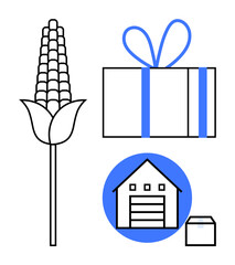 Corn stalk, gift box with ribbon, warehouse with package on blue circle background. Ideal for agriculture, packaging, logistics, gifts, storage holidays and shipping themes. Line metaphor