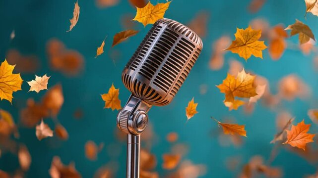 Vintage microphone with falling autumn leaves and warm bokeh background.
