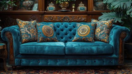 Teal velvet tufted sofa with ornate wooden frame and patterned pillows.