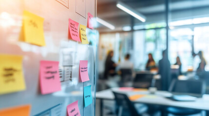 Fototapeta premium Office Brainstorming Sticky Notes on Glass Wall with Blurred Team Meeting