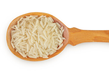 rice basmati in a wooden spoon isolated on white background. Top view. Flat lay