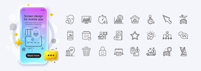 Microscope, Restructuring and Cash transit line icons for web app. Phone mockup gradient screen. Pack of Calendar, Face search, Smile pictogram icons. Vector