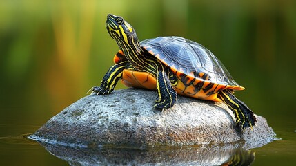 Fototapeta premium A painted turtle basks on a rock in a pond, sunning itself with its head raised.