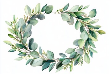This elegant watercolor illustration depicting a beautifully crafted eucalyptus wreath is ideal for enhancing wedding invitations as well as serving as stunning floral decor for various events