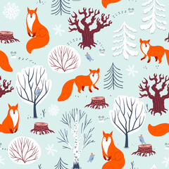 Foxes in winter forest
