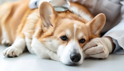 Professional veterinarian with magnifying glass bending over sick corgi dog lying on medical table during check up of body in clinics